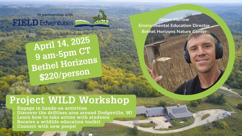 event graphic for upcoming workshop featuring a photo of Bethel Horizons Nature Center and James Marlow