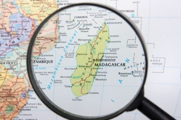 close up of a map of the island of Madagascar